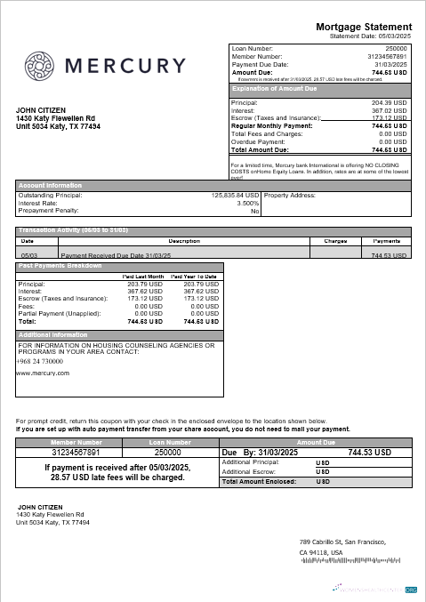 Download USA CA San Francisco Mercury bank mortgage statement in Word and PDF formats Photoshop template